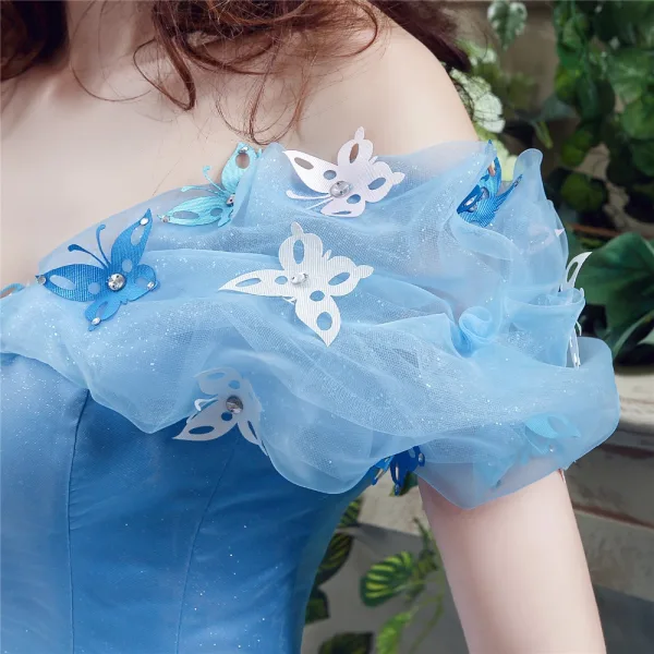 Cinderella Prom Dresses 2017 Off-The-Shoulder Short Sleeve Beading Rhinestone Butterfly Sweep Train Glitter Organza Ball Gown Formal Dresses