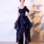 Chic / Beautiful Navy Blue Cocktail Dresses 2017 A-Line / Princess Amazing / Unique V-Neck Lace Appliques Backless Printing Cocktail Party Party Dresses
