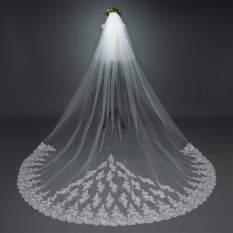 Chic Beautiful White Wedding Lace Tulle Appliques Cathedral Train Wedding Veils 2017