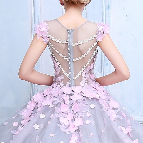 Stunning Amazing / Unique Wedding Dresses 2017 Scoop Neck Sleeveless Appliques Bow Lace Blushing Pink Flower Grey Organza Ball Gown Prom Dresses Chapel Train