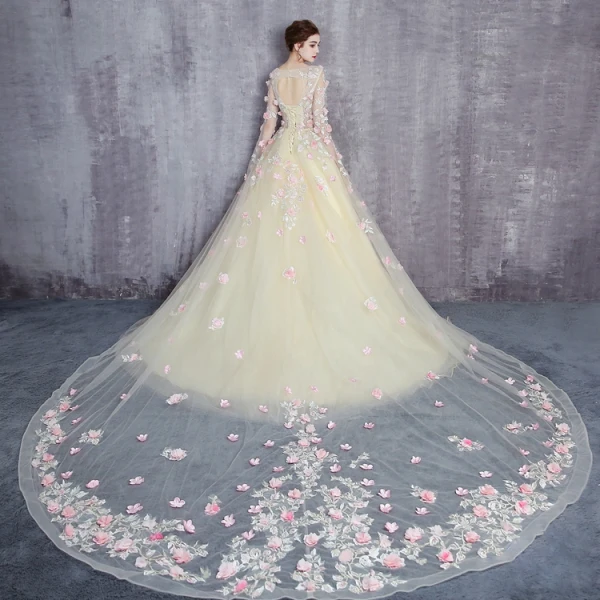Flower Fairy Yellow Prom Dresses 2017 A-Line / Princess Scoop Neck Long Sleeve Appliques Flower Ruffle Tulle Royal Train Formal Dresses