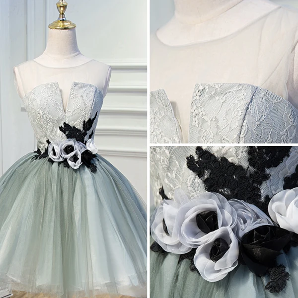 Chic / Beautiful Sage Green Cocktail Dresses 2017 A-Line / Princess Organza U-Neck Appliques Backless Embroidered Homecoming Cocktail Party Formal Dresses