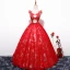 Chic / Beautiful Red Prom Dresses 2018 Ball Gown Tulle V-Neck Embroidered Appliques Backless Prom Formal Dresses