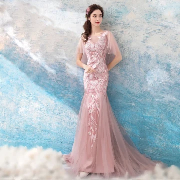 Moderne Mode Rougissant Rose 2018 Robe De Soirée Été V Cou Tulle En Dentelle Appliques Dos Nu Longue Trompette Sirène Soirée Robe De Ceremonie