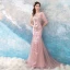 Modern / Fashion Blushing Pink 2018 Evening Dresses  Summer V-Neck Tulle Lace Appliques Backless Floor-Length / Long Trumpet / Mermaid Evening Party Formal Dresses