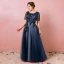 Classique Élégant Bleu Marine Grande Taille Robe De Soirée 2018 Princesse U-Cou Tulle Bretelles croisées Appliques Dos Nu Perlage Été Manches Courtes Soirée Robe De Ceremonie