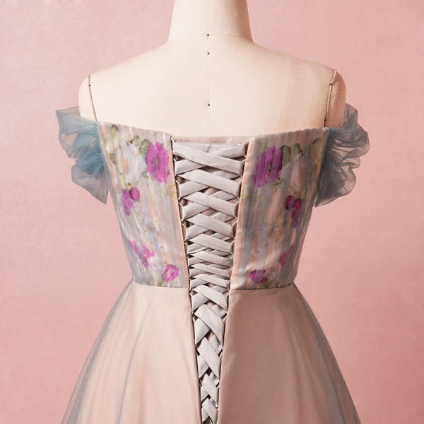 Flower Fairy Ocean Blue Plus Size Prom Dresses 2018 A-Line / Princess Tulle V-Neck Backless Printing Prom Spring Evening Party Evening Dresses