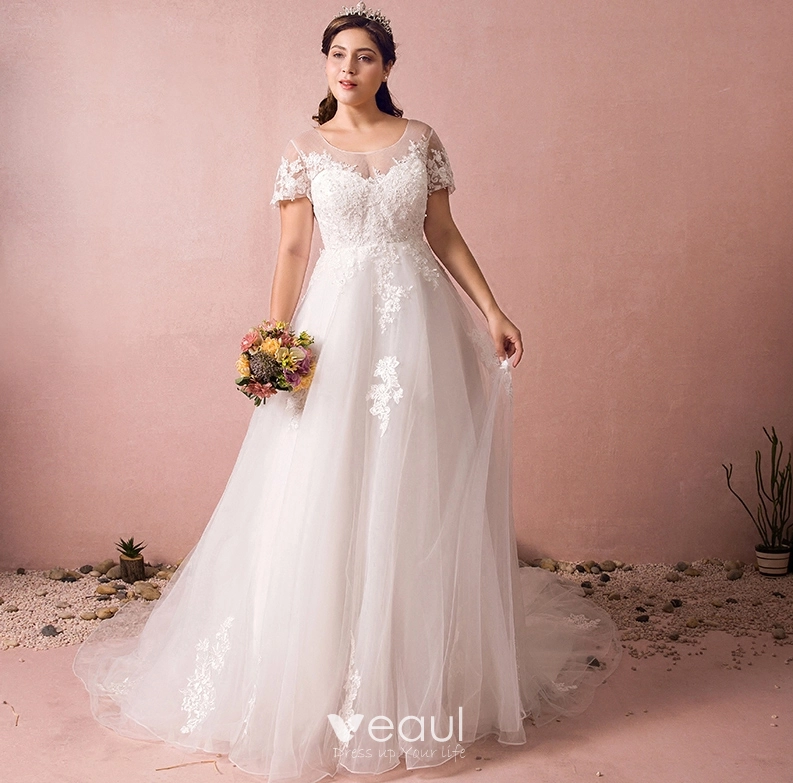 Luxe Ivoire Grande Taille Robe De Mariee 2018 Princesse Tulle U Cou Lacer Appliques Dos Nu Perlage Paillettes Mariage