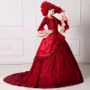 Vintage / Retro Red Puffy Ball Gown Prom Dresses 2018 Chapel Train Tulle U-Neck Lace-up Beading Flower Sequins Prom Formal Dresses