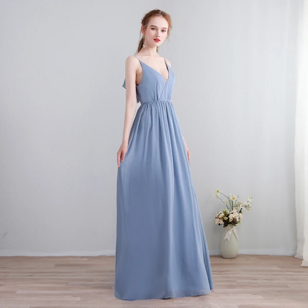Schlicht Himmelblau Lange Abendkleider 2018 A Linie Chiffon V-Ausschnitt Schnüren Schaltflächen Rückenfreies Abend Festliche Kleider