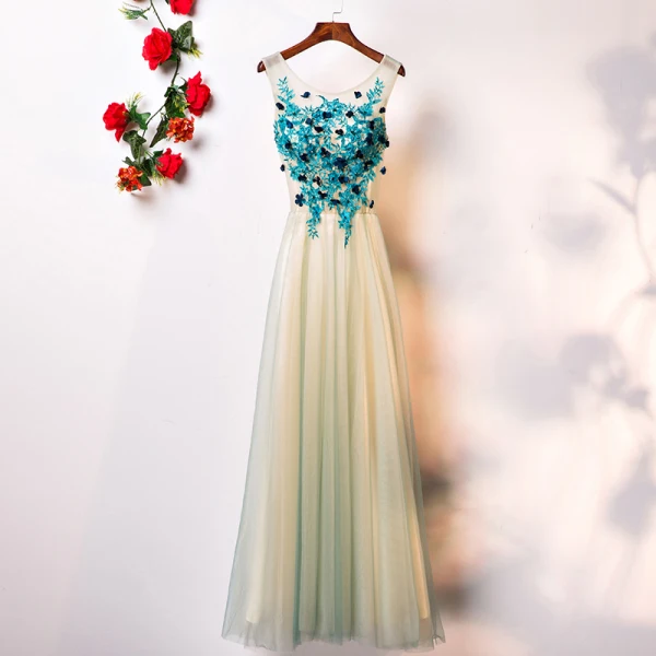 Chic / Beautiful Floor-Length / Long Pool Blue Evening Dresses  2018 A-Line / Princess Tulle U-Neck Lace-up Appliques Backless Evening Party Formal Dresses