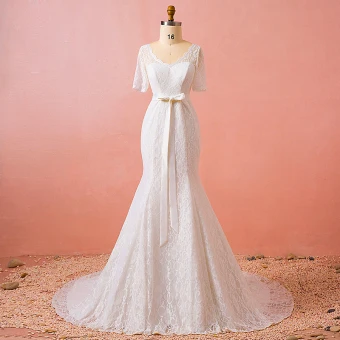 Chic Beautiful Ivory Plus Size Chapel Train Wedding Dresses 2018 Trumpet Mermaid V Neck Tulle 1 2 Sleeves Appliques Pierced Wedding