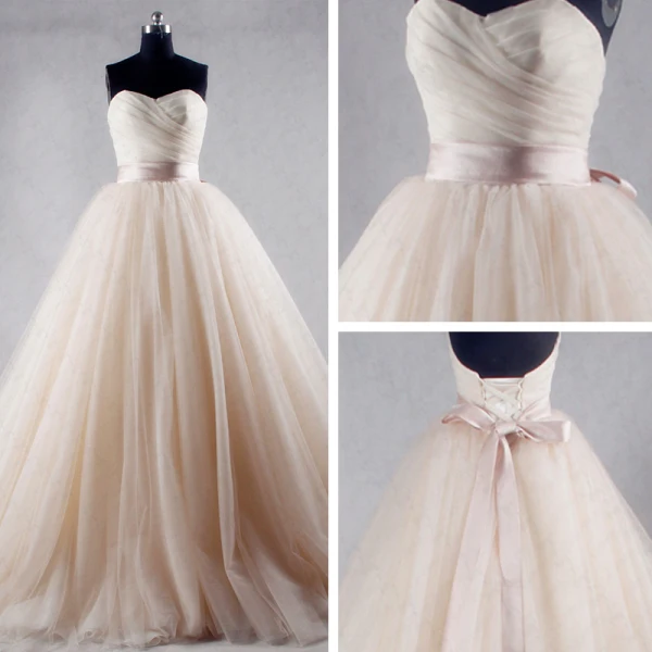 Modest / Simple Champagne Chapel Train Wedding 2018 Tulle Ball Gown Puffy Strapless Sleeveless Wedding Dresses