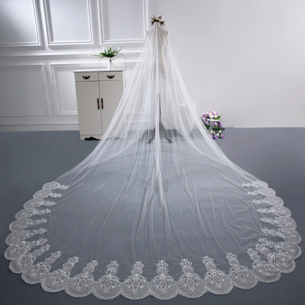 Simple Blanche Cathedral Train Mariage Tulle Dos Nu En Dentelle Voile De Mariée 2018