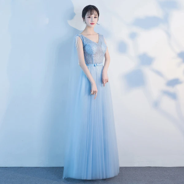 Chic / Beautiful Sky Blue Floor-Length / Long Evening Dresses 2018 A-Line / Princess V-Neck Tulle Appliques Backless Beading Pearl Pierced Evening Party Formal Dresses