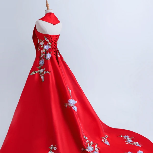 Chinese style Red Chapel Train Evening Dresses 2018 Trumpet / Mermaid Charmeuse Appliques Backless Halter Evening Party Formal Dresses