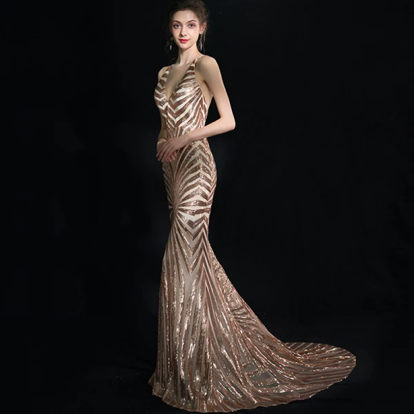 Modern / Fashion Champagne Court Train Evening Dresses 2018 V-Neck Trumpet / Mermaid Zipper Up Backless Beading Sequins Polyester Evening Party Formal Dresses
