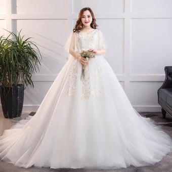 Chic Belle Blanche Grande Taille Robe De Mariée 2019 Princesse Tulle En Dentelle V Cou Appliques Dos Nu Chapel Train Mariage