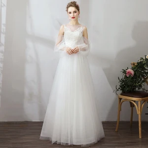 Simple Blanche Robe De Soirée 2019 Princesse En Dentelle Tulle U Cou Manches Longues Appliques Dos Nu Brodé Voyage De Noces Vêtements De Vacances Été Robe De Ceremonie
