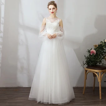 Simple Blanche Robe De Soirée 2019 Princesse En Dentelle Tulle U Cou Manches Longues Appliques Dos Nu Brodé Voyage De Noces Vêtements De Vacances Été Robe De Ceremonie