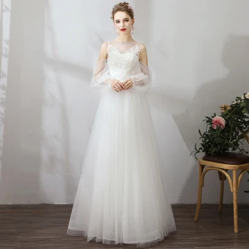 Modest Simple White Evening Dresses 2019 A Line Princess Lace Tulle U Neck Long Sleeve Appliques Backless Embroidered Honeymoon Resort Wear Summer Formal Dresses