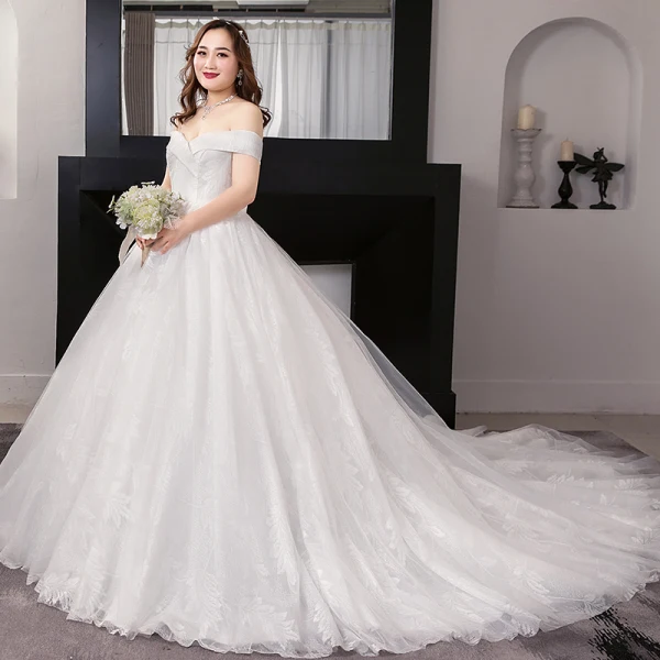Unique Blanche Robe Boule Robe De Mariée 2019 Appliques Dos Nu Dentelle Tulle Bustier Chapel Train Mariage