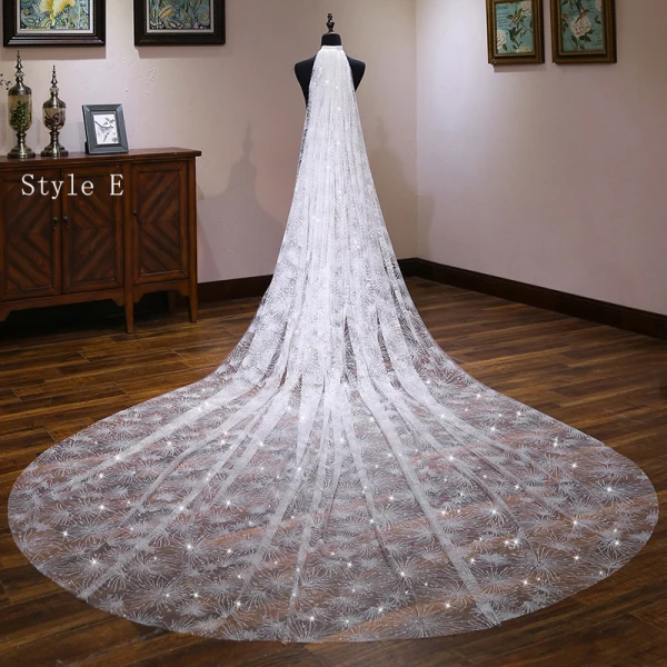 Glitter Bling Bling Witte Tule Glans Kerk Chapel Train Bruidssluier 2019