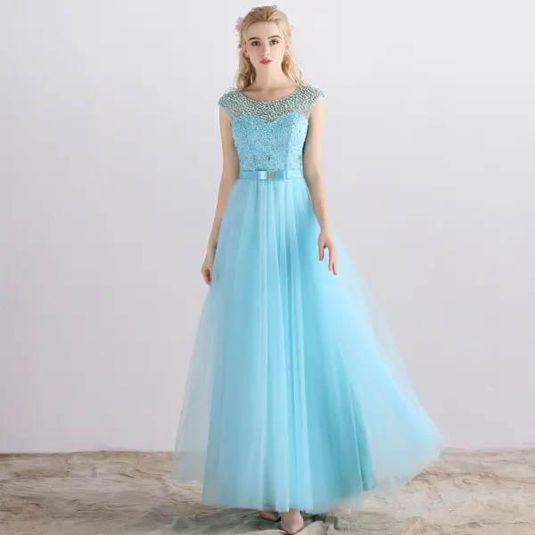 Affordable Bridesmaid Dresses 2017 A-Line / Princess Short Sleeve Backless Pearl Tulle Sash Floor-Length / Long Wedding Party Dresses