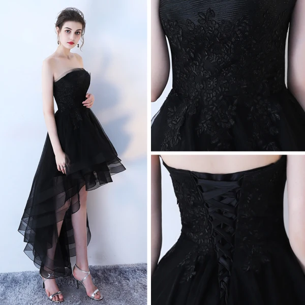 Schöne Partykleider Schwarz 2017 Gekreuzte Träger Applikationen Rückenfreies Riemchen Chiffon Spitze Bandeau Ärmellos Cocktail
