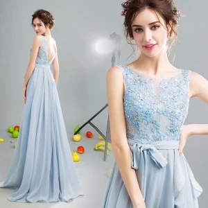Scintillantes 2017 Robe De Soirée Bleu Ciel U Cou Dentelle Fait Main Appliques Princesse Dos Nu Robe De Ceremonie