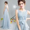 Sparkly 2017 Evening Dresses  Sky Blue U-Neck Lace Handmade  Appliques A-Line / Princess Backless Formal Dresses