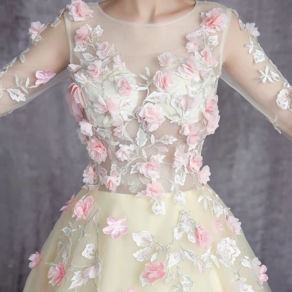 Flower Fairy Yellow Prom Dresses 2017 A-Line / Princess Scoop Neck Long Sleeve Appliques Flower Ruffle Tulle Royal Train Formal Dresses