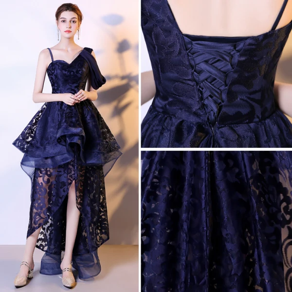 Chic / Beautiful Navy Blue Cocktail Dresses 2017 A-Line / Princess Amazing / Unique V-Neck Lace Appliques Backless Printing Cocktail Party Party Dresses