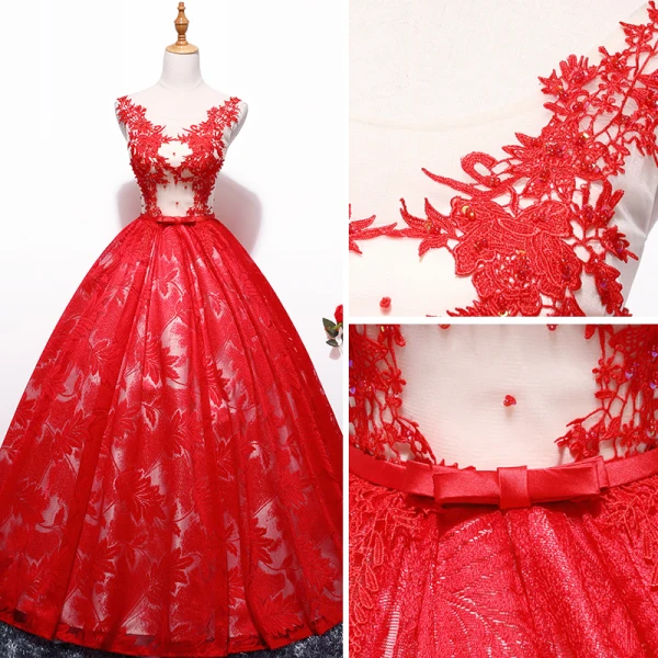 Chic / Beautiful Red Prom Dresses 2018 Ball Gown Tulle V-Neck Embroidered Appliques Backless Prom Formal Dresses