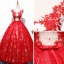 Chic / Beautiful Red Prom Dresses 2018 Ball Gown Tulle V-Neck Embroidered Appliques Backless Prom Formal Dresses