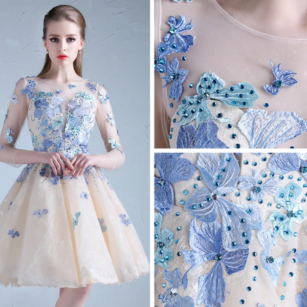 Chic / Beautiful Sky Blue Cocktail Dresses 2018 A-Line / Princess Tulle U-Neck Appliques Backless Beading Homecoming Cocktail Party Graduation Dresses