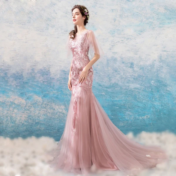 Modern / Fashion Blushing Pink 2018 Evening Dresses Summer V-Neck Tulle Lace Appliques Backless Floor-Length / Long Trumpet / Mermaid Evening Party Formal Dresses