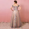 Flower Fairy Ocean Blue Plus Size Prom Dresses 2018 A-Line / Princess Tulle V-Neck Backless Printing Prom Spring Evening Party Evening Dresses
