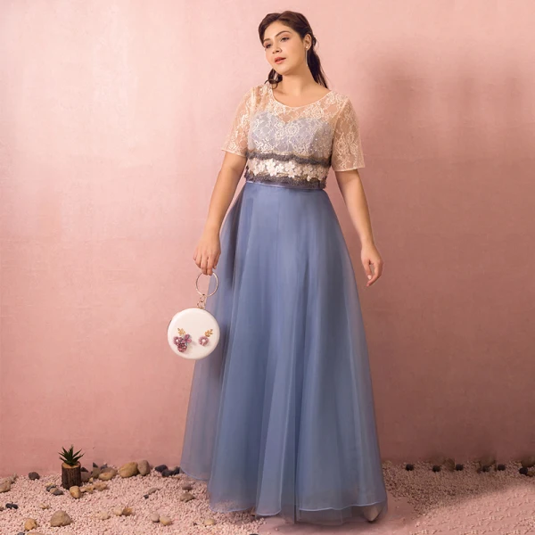 Chic / Beautiful Sky Blue Plus Size Evening Dresses 2018 A-Line / Princess U-Neck Tulle Appliques Backless Beading Evening Party Prom Dresses