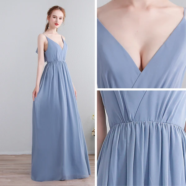 Schlicht Himmelblau Lange Abendkleider 2018 A Linie Chiffon V-Ausschnitt Schnüren Schaltflächen Rückenfreies Abend Festliche Kleider