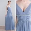 Schlicht Himmelblau Lange Abendkleider 2018 A Linie Chiffon V-Ausschnitt Schnüren Schaltflächen Rückenfreies Abend Festliche Kleider