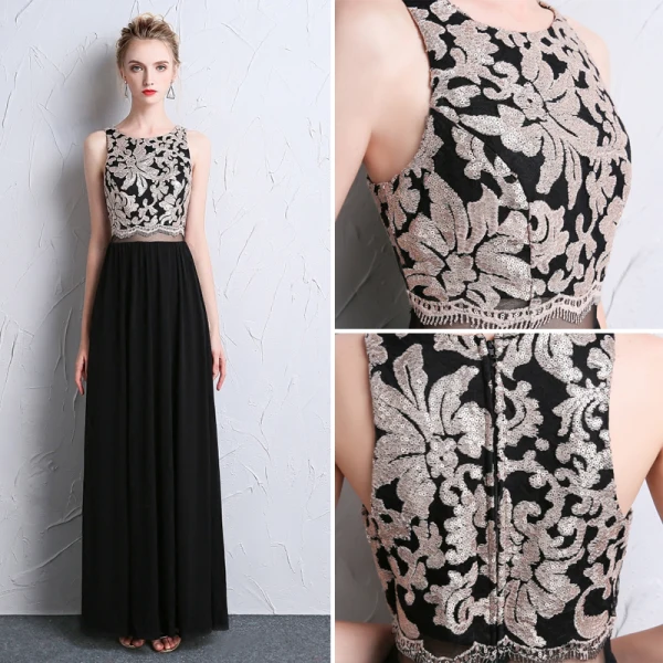 Modern / Fashion Black Evening Dresses  2018 A-Line / Princess U-Neck Beading Pierced Sequins Evening Party Formal Dresses