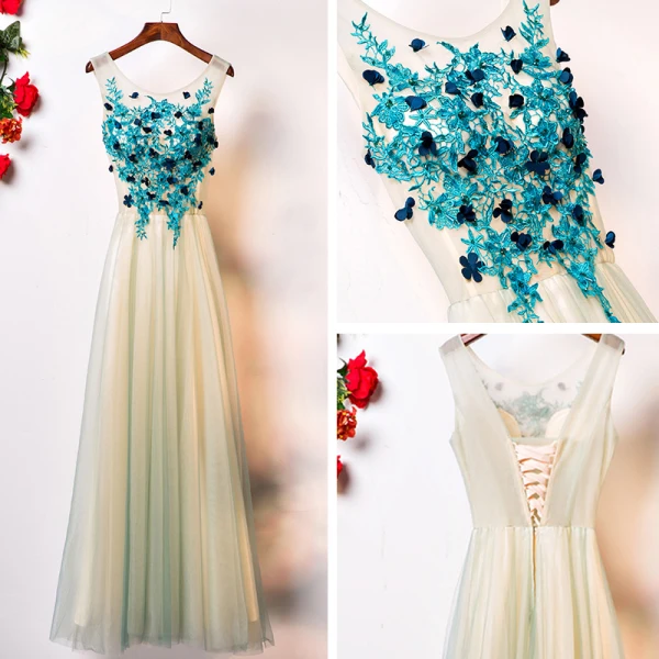 Chic / Beautiful Floor-Length / Long Pool Blue Evening Dresses  2018 A-Line / Princess Tulle U-Neck Lace-up Appliques Backless Evening Party Formal Dresses