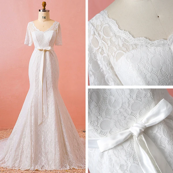 Chic / Beautiful Ivory Plus Size Chapel Train Wedding Dresses 2018 Trumpet / Mermaid V-Neck Tulle 1/2 Sleeves Appliques Pierced Wedding