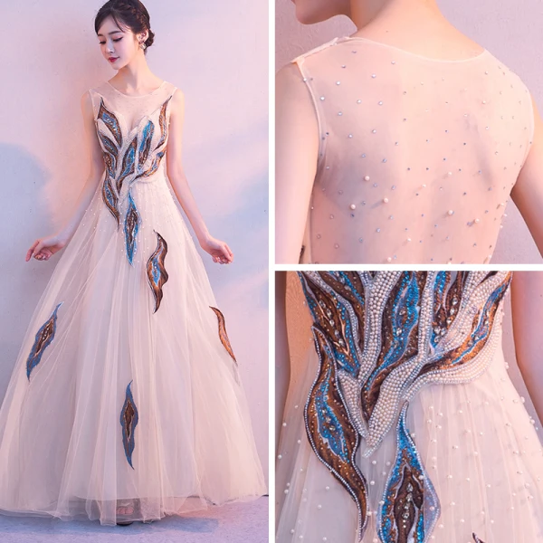 Amazing / Unique Beige Floor-Length / Long Evening Dresses  2018 A-Line / Princess U-Neck Tulle Backless Beading Pearl Sequins Evening Party Formal Dresses