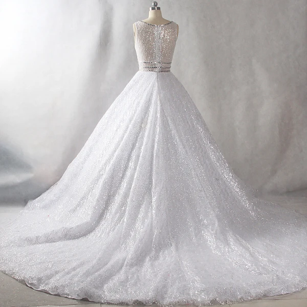 Sparkly Bling Bling White Chapel Train Wedding 2018 U-Neck Tulle Glitter Beading Crystal Sequins Ball Gown Wedding Dresses