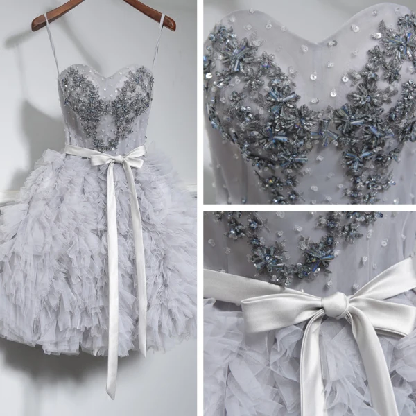 Amazing / Unique Grey Short Cocktail Dresses 2018 Tulle Appliques Backless Beading Homecoming Cocktail Party Graduation Dresses