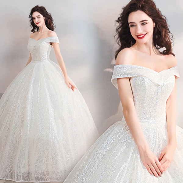 Scintillantes Bling Bling Blanche Longue Mariage 2018 Ciel étoilé Tulle Bustier Dos Nu Perlage Paillettes Robe Boule Robe De Mariée