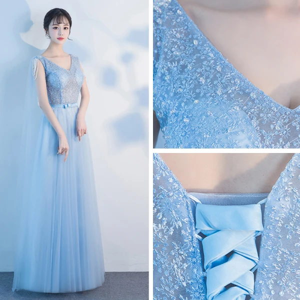 Chic / Beautiful Sky Blue Floor-Length / Long Evening Dresses 2018 A-Line / Princess V-Neck Tulle Appliques Backless Beading Pearl Pierced Evening Party Formal Dresses