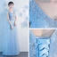 Chic / Beautiful Sky Blue Floor-Length / Long Evening Dresses  2018 A-Line / Princess V-Neck Tulle Appliques Backless Beading Pearl Pierced Evening Party Formal Dresses